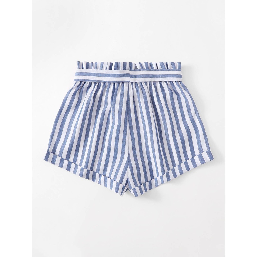 Boho Rolled Hem Self Belted paper bag Striped Shorts green white preppy - Picture 4 of 6